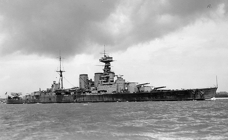 Hood after she was fitted with an aircraft catapult; a Fairey III is visible on her stern, 1932