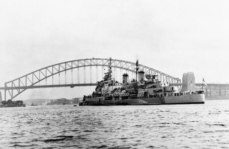 Belfast at anchor in Sydney Harbour, August 1945