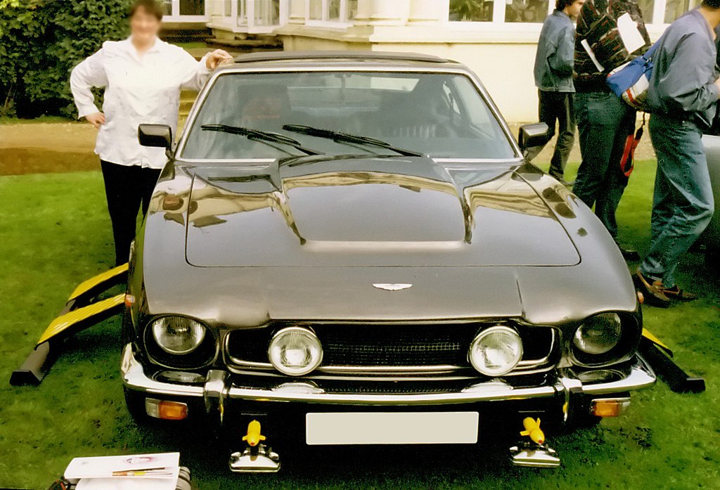 An Aston Martin V8 Vantage from the James Bond movie “Living Daylights”, parked outside