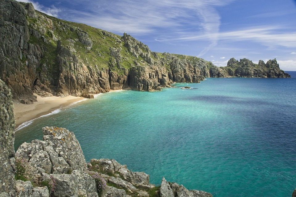 beach, cliff, sea, blue sky, clouds