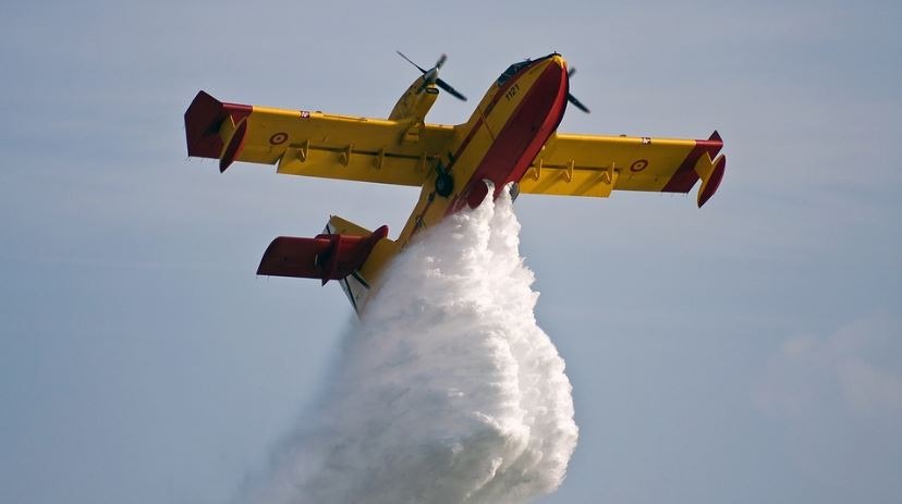 water bomber, yellow water bomber, smoke