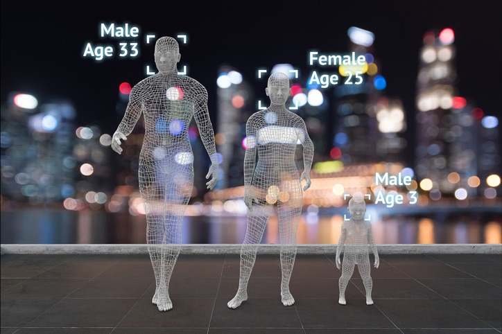 Machine learning systems , accurate facial recognition biometric technology, artificial intelligence concept. 3D Rendering of man , woman ,baby body with blur bokeh city background and stand.