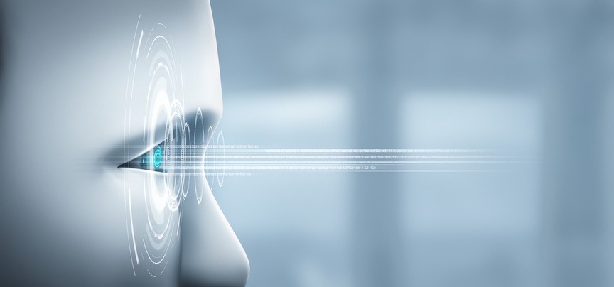 Robot humanoid face close up with graphic concept of AI thinking brain