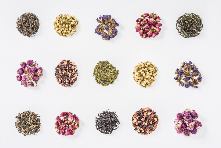 collection of dried herbal organic tea isolated on white